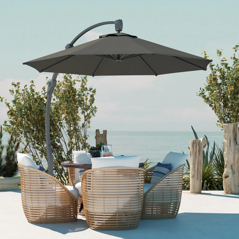 Outsunny 3(m) Garden Cantilever Parasol, Round Overhanging Umbrella with Crank Handle, Cross Base, Aluminium Frame and 360° Rotation, Banana Patio Umbrella for Outdoor Sun Shade, Grey