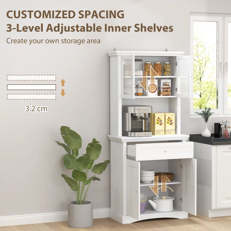 HOMCOM 4-Door Kitchen Cupboard with Drawer, Freestanding Kitchen Cabinet with Glass Doors, Adjustable Shelves and Open Counter, White
