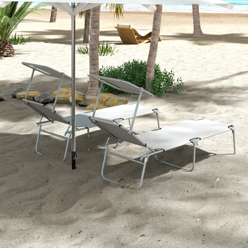 Outsunny Folding Sun Lounger Set of 2 with Canopy, Reclining Sunbed with 4-Position Adjustable Backrest, 600D Oxford Cloth, Portable Garden Lounger Recliner Chair for Beach, Camping, Patio, Light Grey