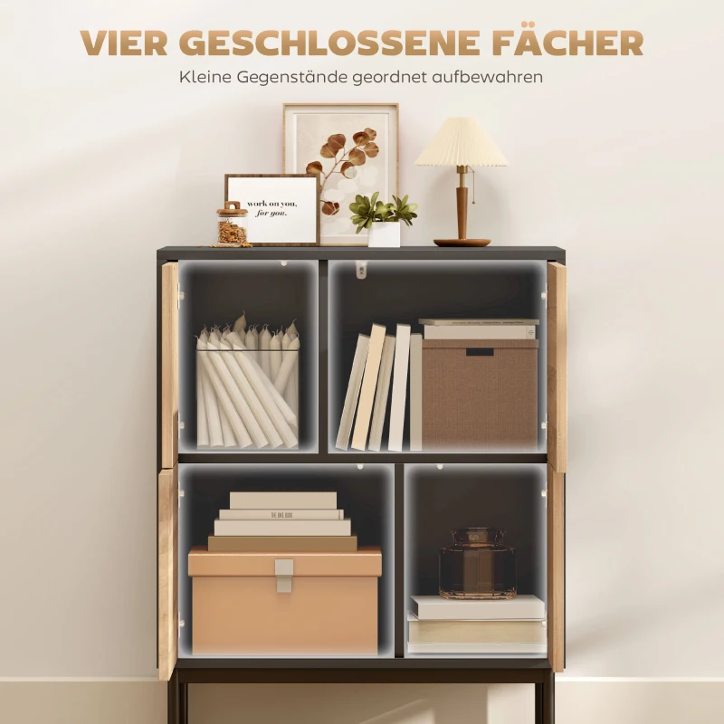 HOMCOM Sideboard mit Push-to-Open Türen, Esszimmerschrank mit Metallbeinen, Küchenschrank, MDF, Schwarz+Naturholz