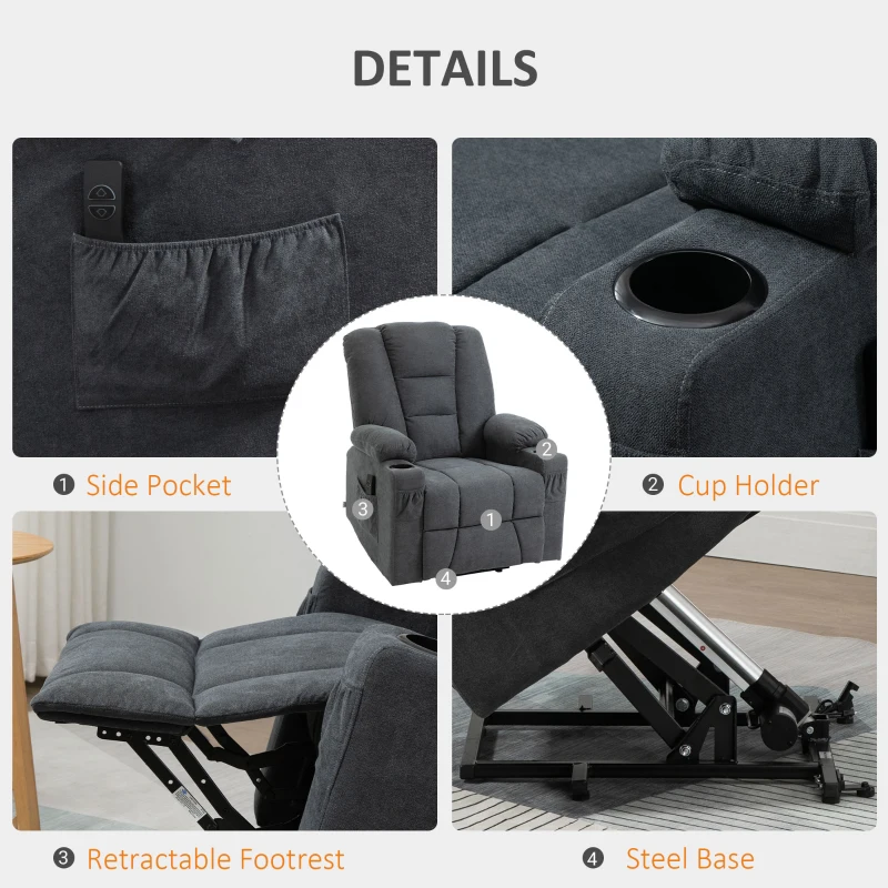 HOMCOM Oversized Riser and Recliner Chair for the Elderly, Fabric Upholstered Lift Chair for Living Room with Remote Control, Side Pockets, Cup Holder, Charcoal Grey