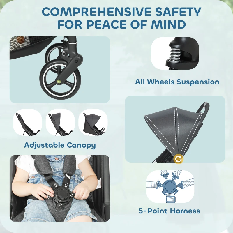 AIYAPLAY Travel Stroller, Lightweight Pushchair, Compact Buggy with Canopy, Basket and Multi-Position Recline, Dark Grey