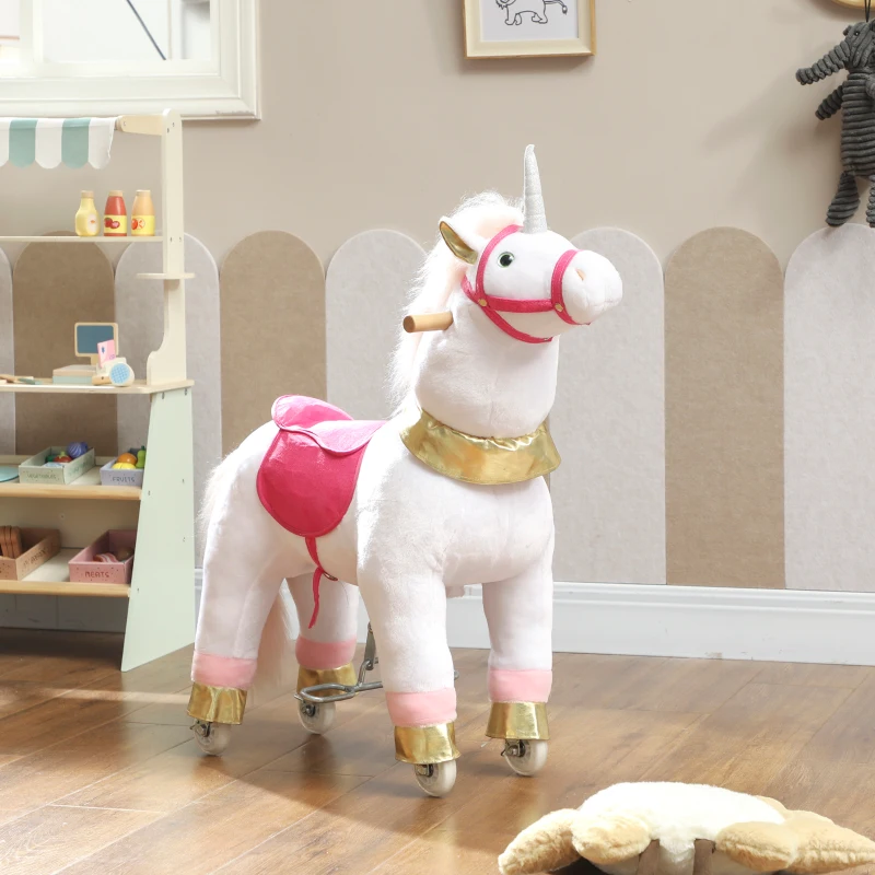 AIYAPLAY Kids Rocking Horse, Plush Walking Horse with Wheels, Ride On Unicorn Toy for Ages 3-5 Years Old, White
