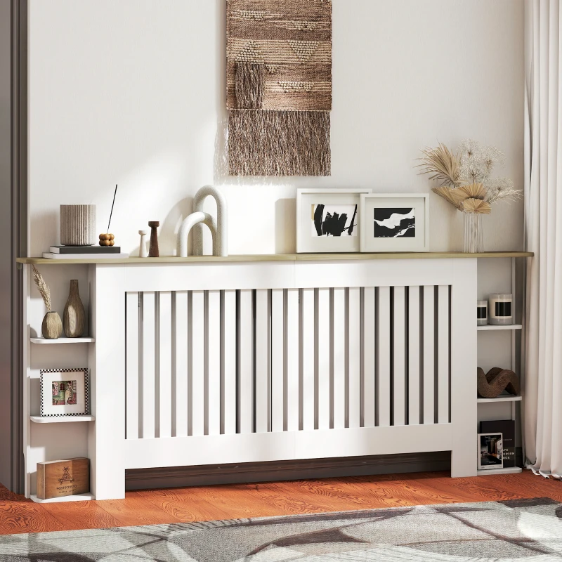 HOMCOM Radiator Cover with Open Storage Shelves, Vertical Slatted Cabinet Shelf Heater Cover for Living Room, Hallway, Extra Large, White