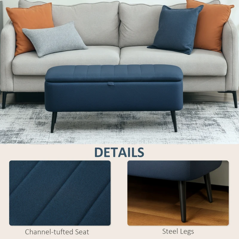 HOMCOM 92 x 31cm Linen-Look Storage Ottoman - Dark Blue