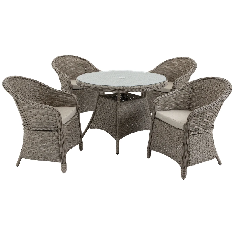 Outsunny 4 Seater Rattan Garden Furniture Set with Cushions, Round PE Rattan Dining Set with Glass-Top Table, Umbrella Hole, Outdoor Garden Table and Chairs, Mixed Grey