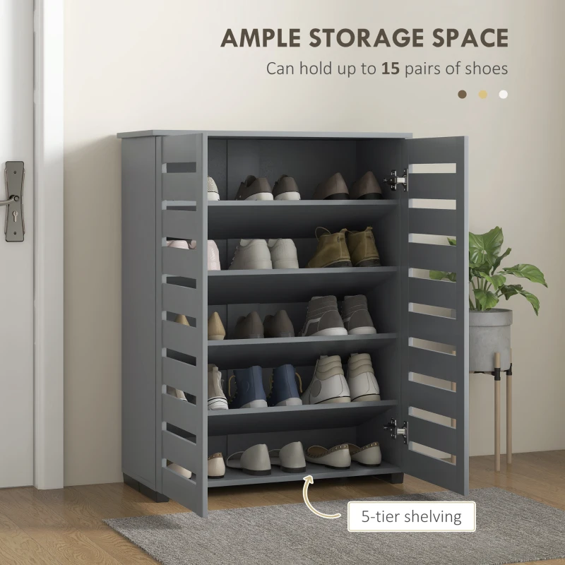 HOMCOM Narrow Shoe Cabinet for Entryway, 5-Tier Slim Shoe Storage Cabinet with 2 Slatted Doors and Adjustable Shelves Grey