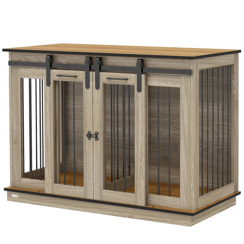 PawHut Dog Crate Furniture for Large Dogs, Double Dog Cage for Small Dogs w/ Sliding Doors, Oak Tone
