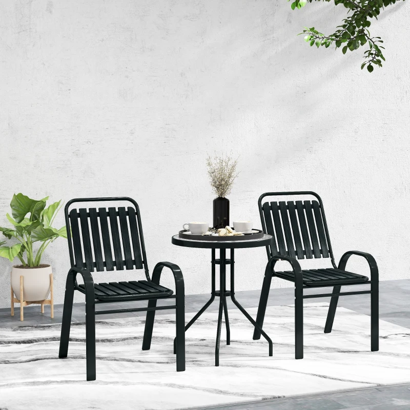 Outsunny 3 Pieces Patio Bistro Set with Stackable Chairs, Tempered Glass Table, for Outdoor, Balcony, Patio, Garden Charcoal Grey