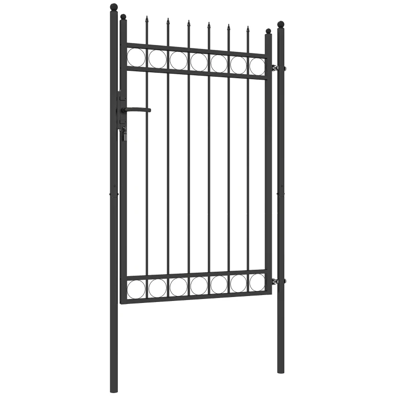Outsunny Galvanised Steel Garden Gate, Outdoor Fence Gate Security Barrier with Lock, Keys and Handle, Outdoor Entrance Way Door with Classic Finials, 105 x 204 cm, Black