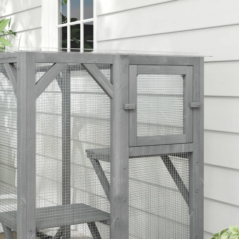 PawHut 71" Outdoor Wooden Cat House with Three Platforms, Large Door, Water-Resistant Roof, for Multiple Cats, Grey
