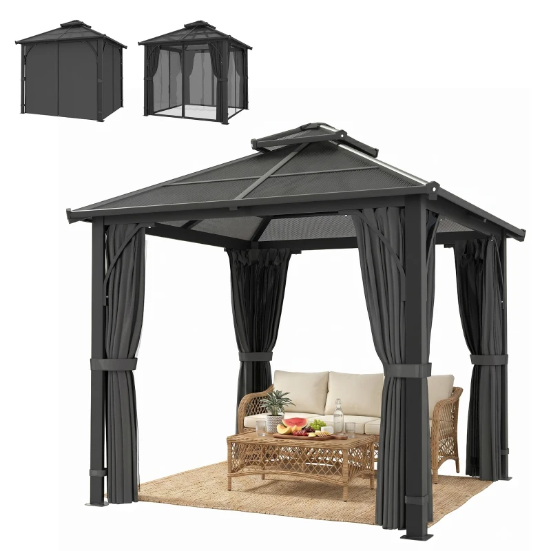 Outsunny 2.5 x 2.5 m Hardtop Gazebo Canopy with 7mm PC Roof, Garden Gazebo Permanent Pavilion with Netting, Curtains, Dark Grey