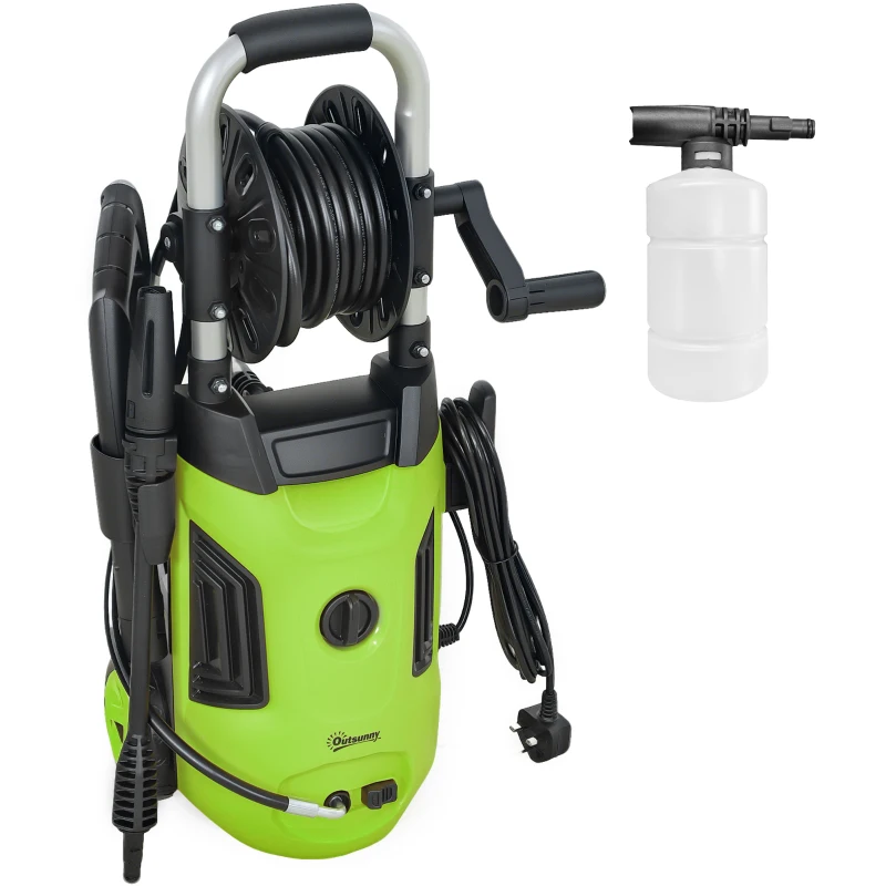 Outsunny 1800W High Pressure Washer, 150 Bar Pressure, 420 L/h Flow, Portable Power Washer Jet Wash Cleaner with Adjustable Nozzle, 6M Hose, Hose Reel, Steel Handle for Home Patio Car Driveway, Green