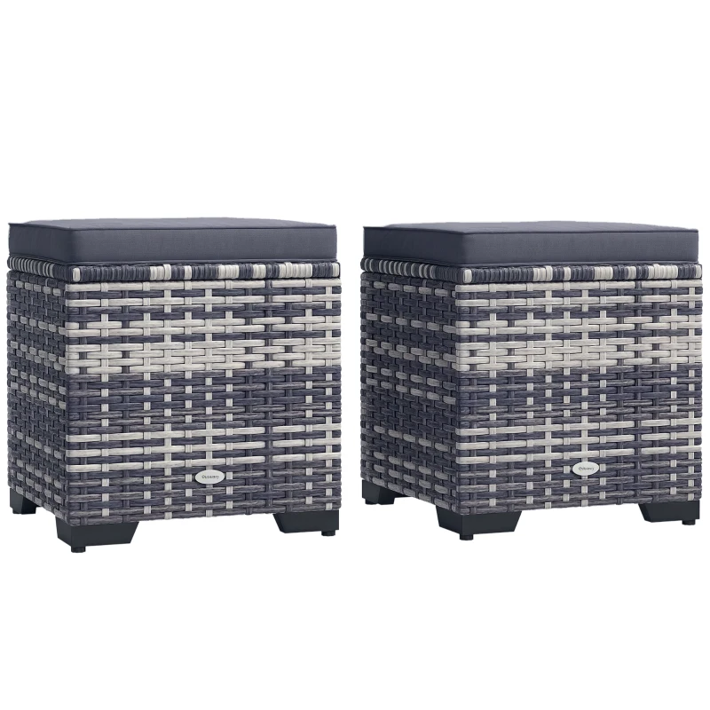 Outsunny Set of 2 Rattan Storage Ottoman, Outdoor Footstool with Removable Cushions, Garden Storage Seat for Balcony, Porch, Living Room, Dark Grey