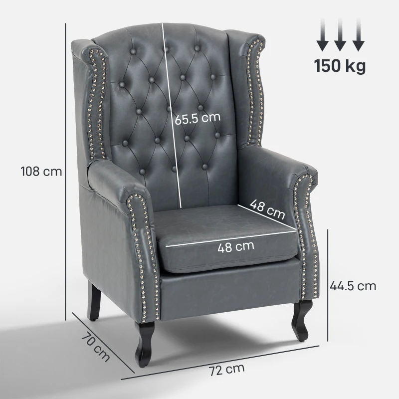 HOMCOM Wingback Accent Chair Tufted Chesterfield-style Armchair with Nail Head Trim for Living Room Bedroom Grey