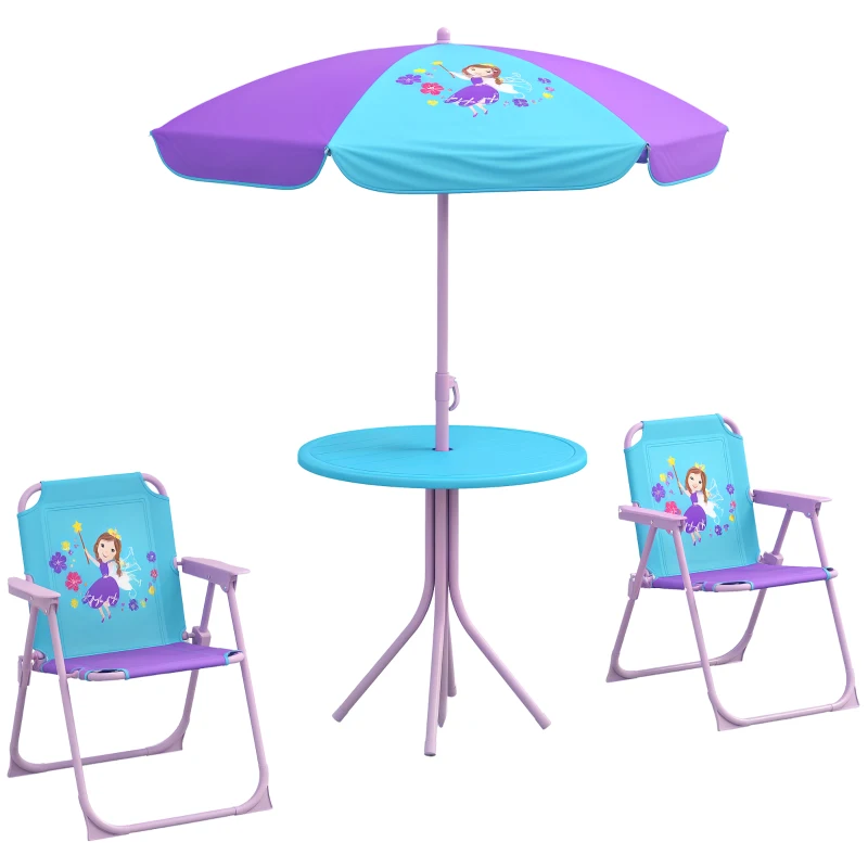 Outsunny Kids Picnic Table and Chair Set, Fairy Themed Outdoor Garden Furniture w/ Foldable Chairs, Adjustable Parasol