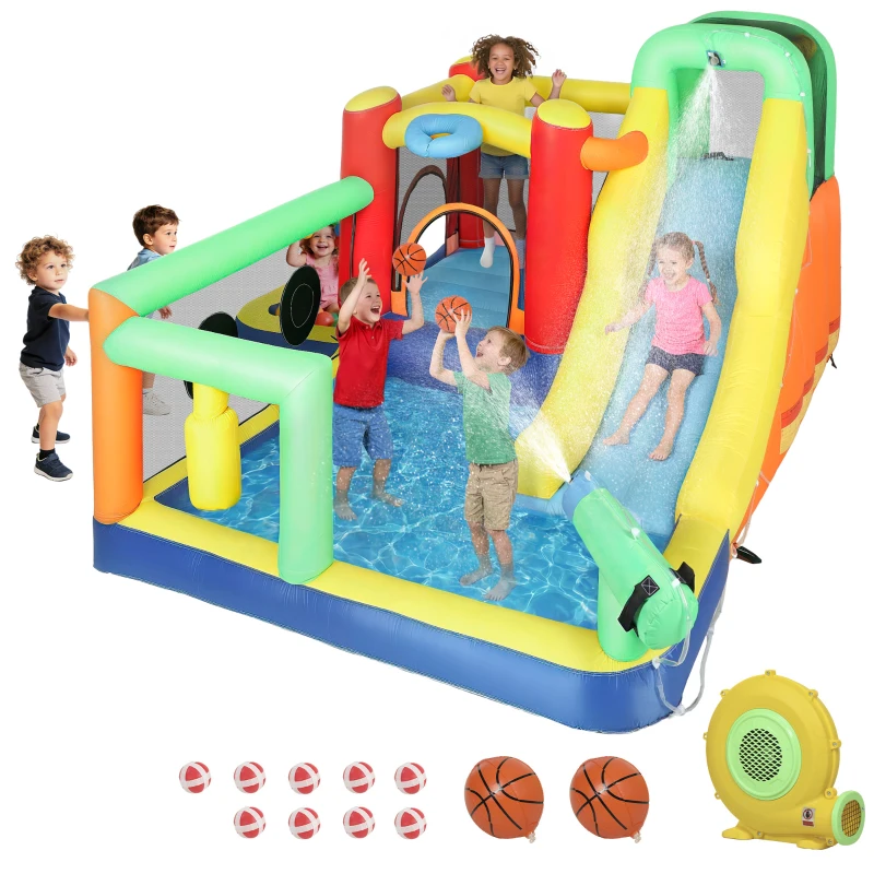 AIYAPLAY Castillo Hinchable Acuático con Soplador 550W 9 en 1 con Tobogán Trampolín Escalada 2 Piscinas Canasta Columna de Boxeo