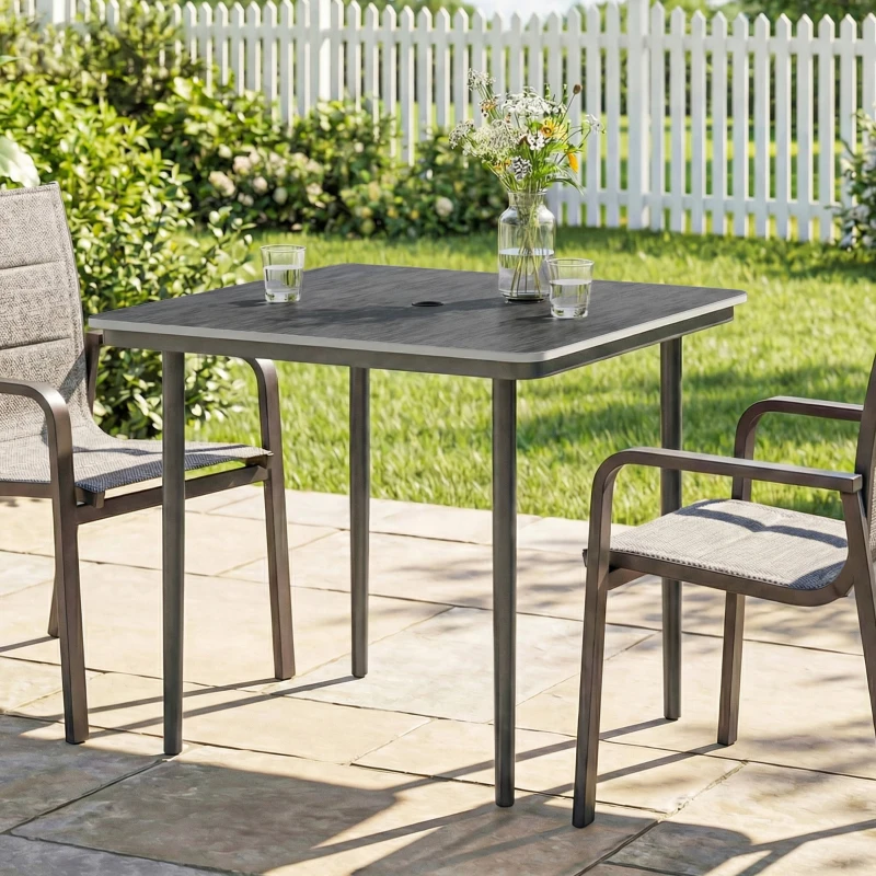Outsunny Garden Dining Table for 4, 85 cm Square Outdoor Table with Umbrella Hole, Faux Wood Top, Metal Legs, Dark Grey