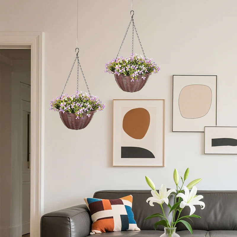 HOMCOM Artificial Flowers in Basket Set of 2, Artificial Hanging Baskets with 75 Leaves and 15 Flowers in Pot, Decorative Plant for Home Office Decor, Purple