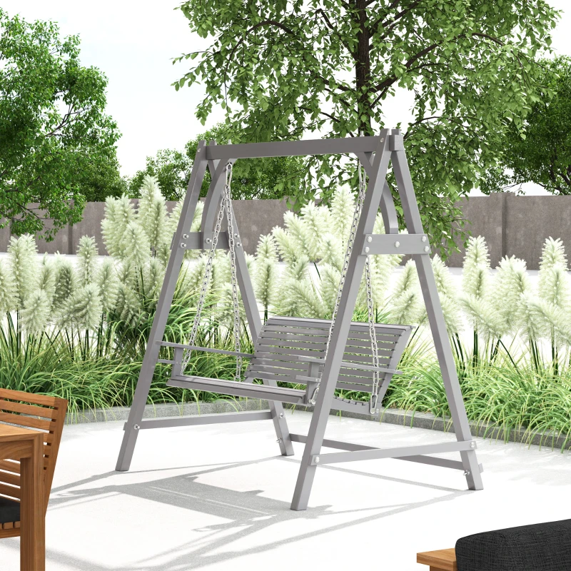Outsunny 2 Seater Garden Swing Seat, Wooden Swing Chair Bench with Cup Holders for Outdoor Porch Patio, Grey