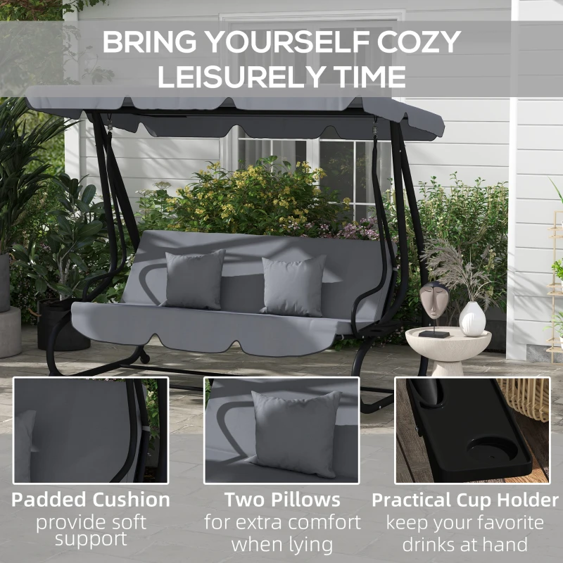 Outsunny Three-Person garden Swing Chair, with Adjustable Canopy - Dark Grey