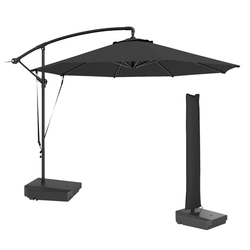 Outsunny 3(m) Garden Cantilever Parasol with Fillable Base up to 90kg, Wind Protection Strap, Cover, Round Banana Hanging Umbrella with Crank Handle and Tilt, UPF50+ Patio Umbrella, Grey