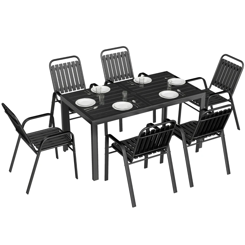 Outsunny 7 Pieces Outdoor Dining Set with Umbrella Hole, Garden Table and Chairs Set for 6 with Metal Table and Stackable Chairs