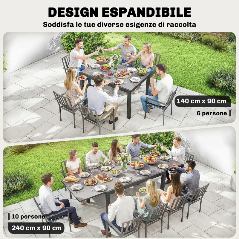 Outsunny Tavolo da Giardino Allungabile per 8-10 Persone con Piano in Vetro Temperato, in Alluminio, 140/240x90 cm, Nero