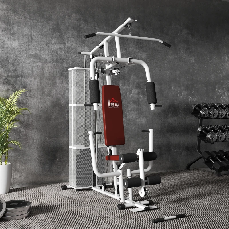 HOMCOM Multifunction Home Gym Weight Training Workout Station Fitness Strength Machine, White