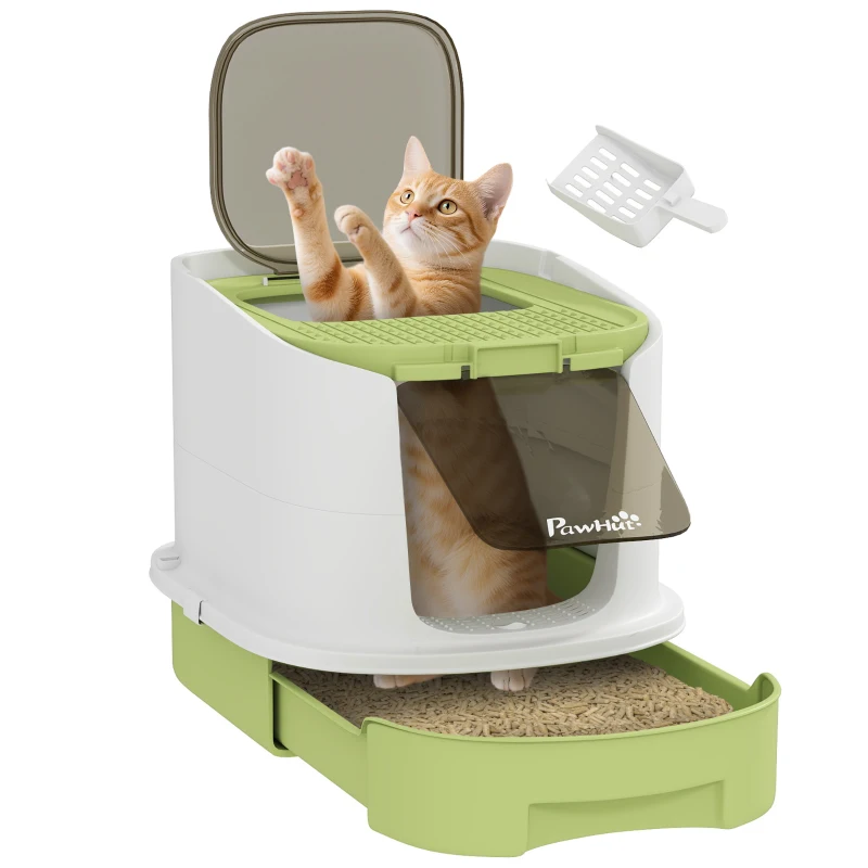 PawHut Cat Litter Box with Lid, Scoop, Deodorisation Bags, Top Entry, Green