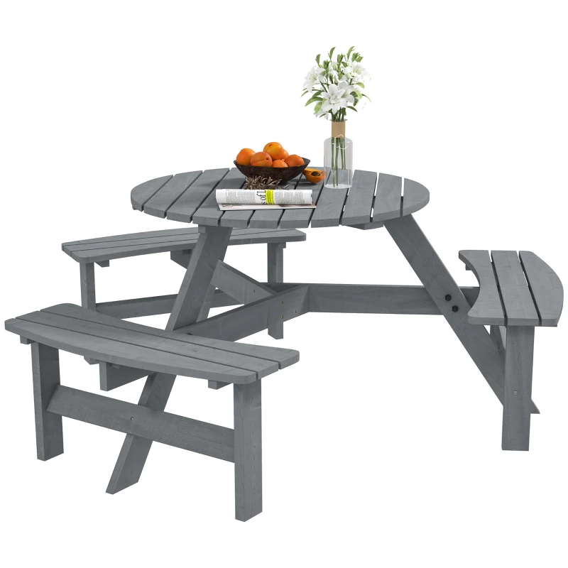 Outsunny Wooden Garden Dining Set, 6 Seater Round Dining Picnic Table with Matching Bench, Garden Furniture Set with Parasol Hole for Outdoor Patio Party and Family Gatherings, Grey