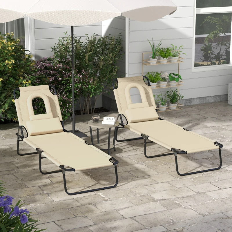 Outsunny Folding Sun Loungers Set of 2 with Face Hole, 4-Position Adjustable Backrest Garden Recliner Chairs Sunbeds, Outdoor Lounge Chairs with 600 D Oxford Cloth Seat, Pillow for Beach, Sand