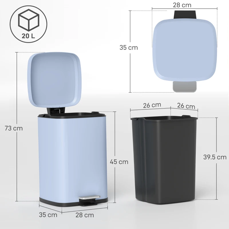 HOMCOM 20L Modern Boxy Metal Home Kitchen Bin - Light Blue