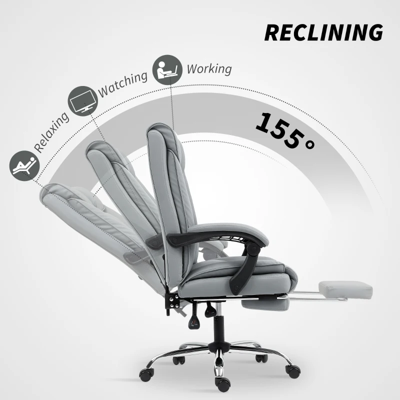 HOMCOM 155° Reclining Faux Leather Swivel Office Chair -Grey