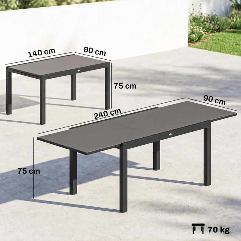 Outsunny Tavolo da Giardino Allungabile per 8-10 Persone con Piano in Vetro Temperato, in Alluminio, 140/240x90 cm, Nero