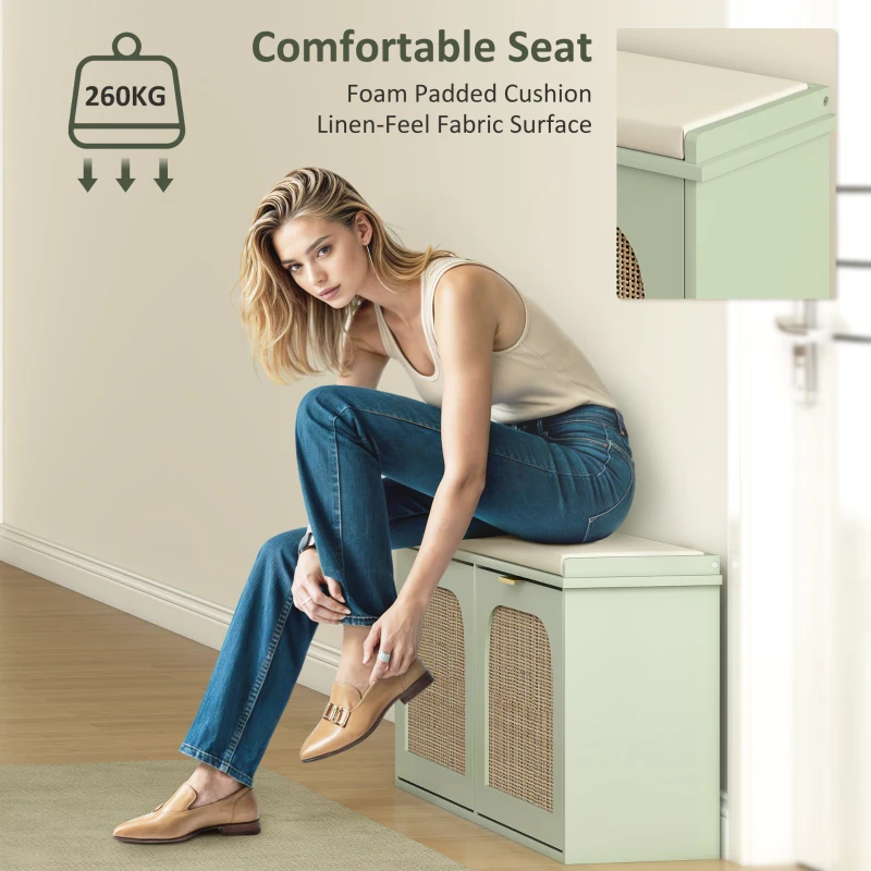 HOMCOM Boho Shoe Bench with Padded Seat and 2 Flip-Drawers - Light Green