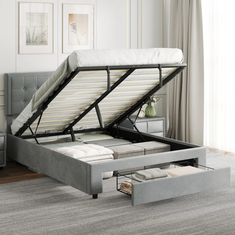 HOMCOM Double Size Ottoman Bed Frame, with Front Drawer - Grey