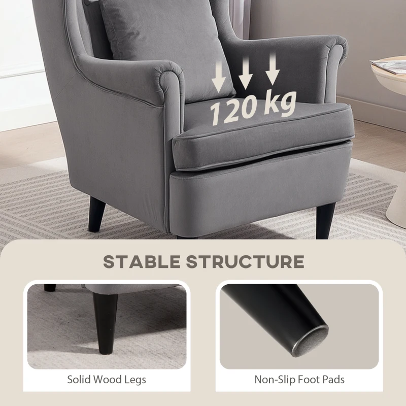 HOMCOM Modern Accent Chair with High Backrest and Pillow, Velvet-Feel Fabric Reading Chair with Solid Wood Legs, Grey