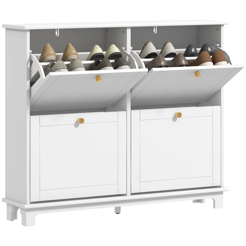 HOMCOM Narrow Shoe Storage Cabinet, Slim Shoe Cabinet with 4 Flip Drawers, Adjustable Shelves for 16 Pairs of Shoes, White