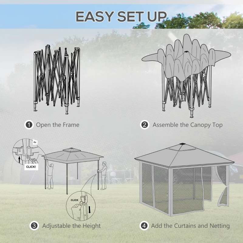 Outsunny 3.36 x 3.36m Pop Up Gazebo Party Tent with Solar-Powered LED Lights, Adjustable Event Shelter with Netting, Grey