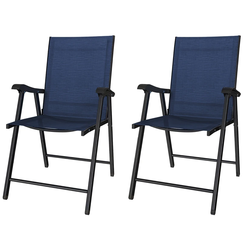 Outsunny Folding Garden Chairs Set of 2, Foldable Garden Dining Chairs with High Back, Armrests, Texteline Seat, Navy Blue