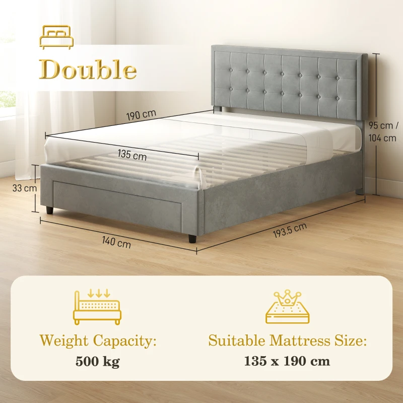 HOMCOM Double Size Ottoman Bed Frame, with Front Drawer - Grey