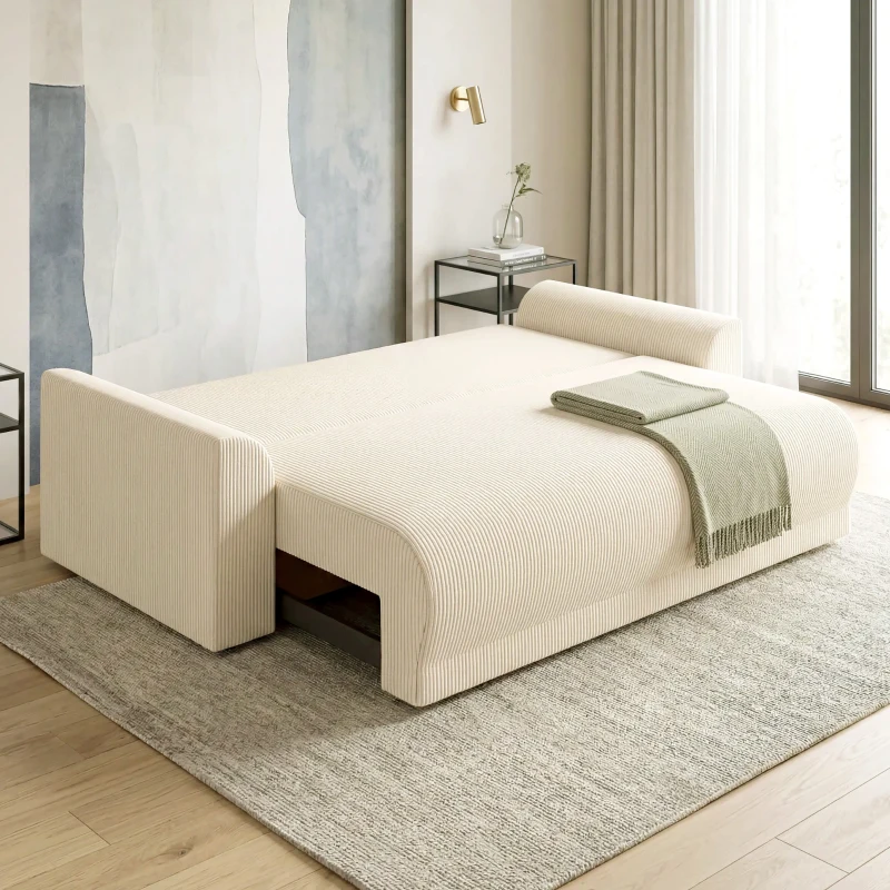 HOMCOM Divano Letto 190x150 cm 3 Posti con Funzione Letto, Cuscini, Vano Portaoggetti, Effetto Velluto a Coste per Soggiorno, Beige