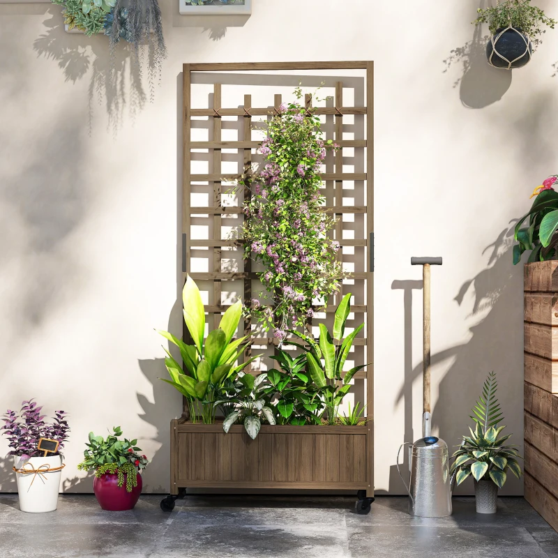 Outsunny Wooden Trellis Planter, Raised Garden Bed with Wheels, to Climb and Grow Vegetables, Herbs and Flowers, Brown
