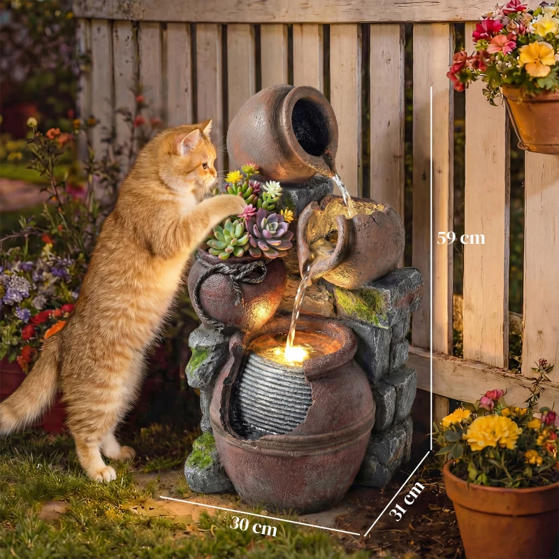 Outsunny Outdoor Fountain with 4-Tier Rustic Pots & Planter, Garden Fountain with LED Lights, Rustic Brown
