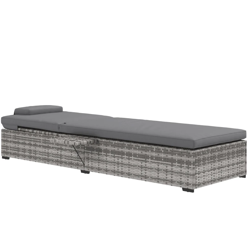 Outsunny Rattan Sun Lounger, 5-Level Reclining PE Wicker Outdoor Patio Lounger with Tea Tray and Cushion, Reclining Garden Chair for Patio, Terrace, 120kg Weight Capacity, Grey