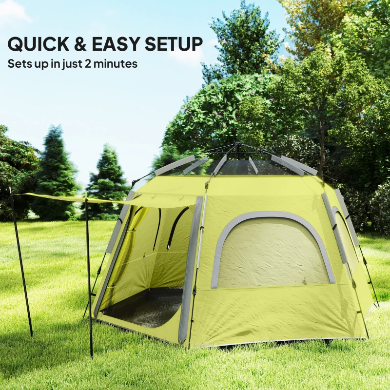 Outsunny Instant Pop Up Camping Tent, 2/3/4 Person Easy Setup Dome Family Tent with Vestibule, Rainfly, 4 Mesh Windows & 2 Doors, Hexagonal Design, Waterproof & UV Protected, Yellow Green