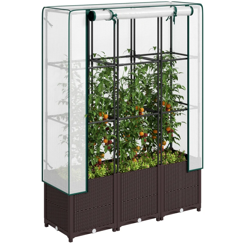 Outsunny Raised Garden Bed with Trellis, Plastic Planter Box with PE Cover, Drainage Holes, Drain Plugs and Water Reservoirs for Climbing Plants, Vegetables, Flowers, 120 x 40 x 140 cm