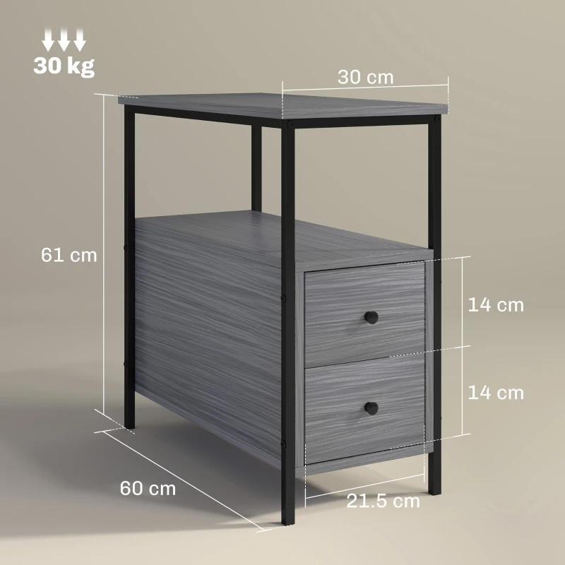 HOMCOM Side Table, Narrow Bedside Table with 2 Drawers and Storage Shelf, Industrial End Table with Metal Frame for Small Spaces, Grey Wood Grain