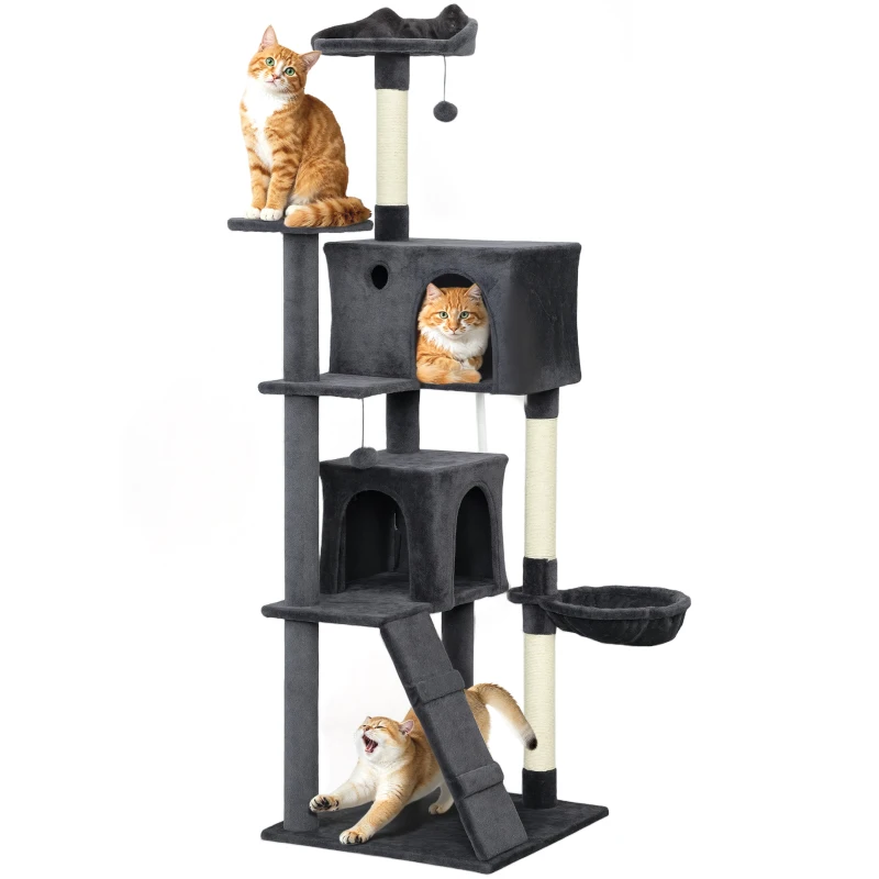 PawHut 180cm Large Cat Tree Tower with Sisal Scratching Posts, Condos, Plush Perches, Hammock, Ladder, Dark Grey